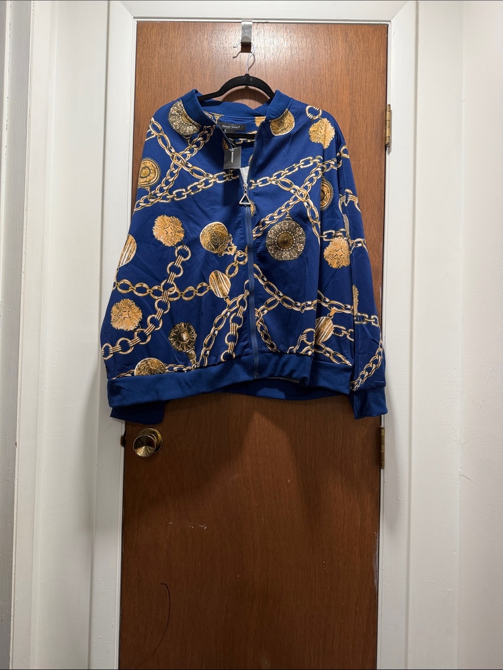 Ashley Stewart Royal Blue & Gold Chain Print Zip Jacket